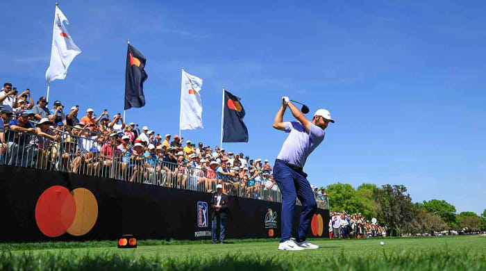 Scottie Scheffler hits a tee shot on the first hole during the final round of the 2024 Arnold Palmer Invitational at Bay Hill Golf Course in Orlando, Fla.